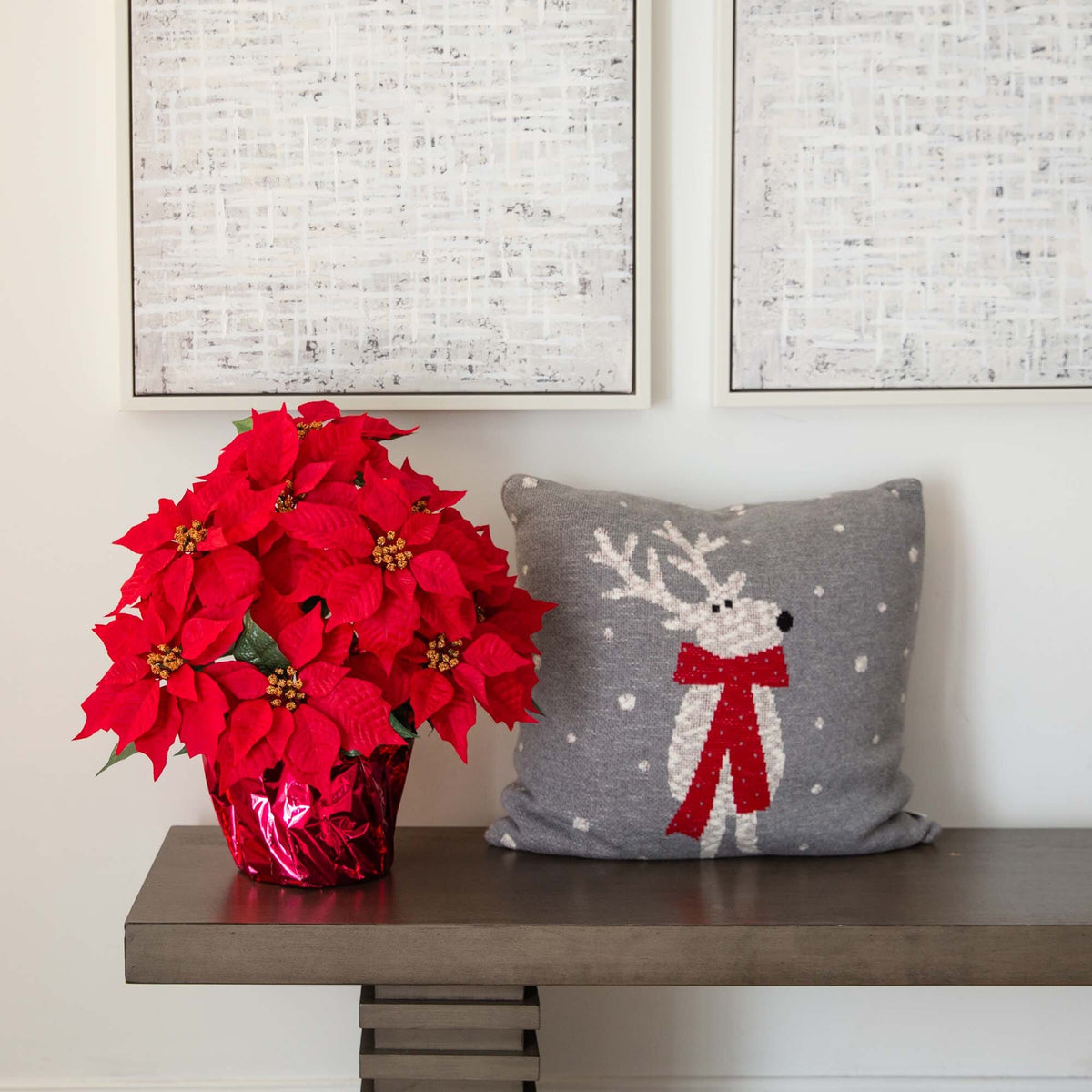 19-inch artificial lush poinsettia arrangement in red wrapped planter for holiday decor on Tampa Home & Garden Store