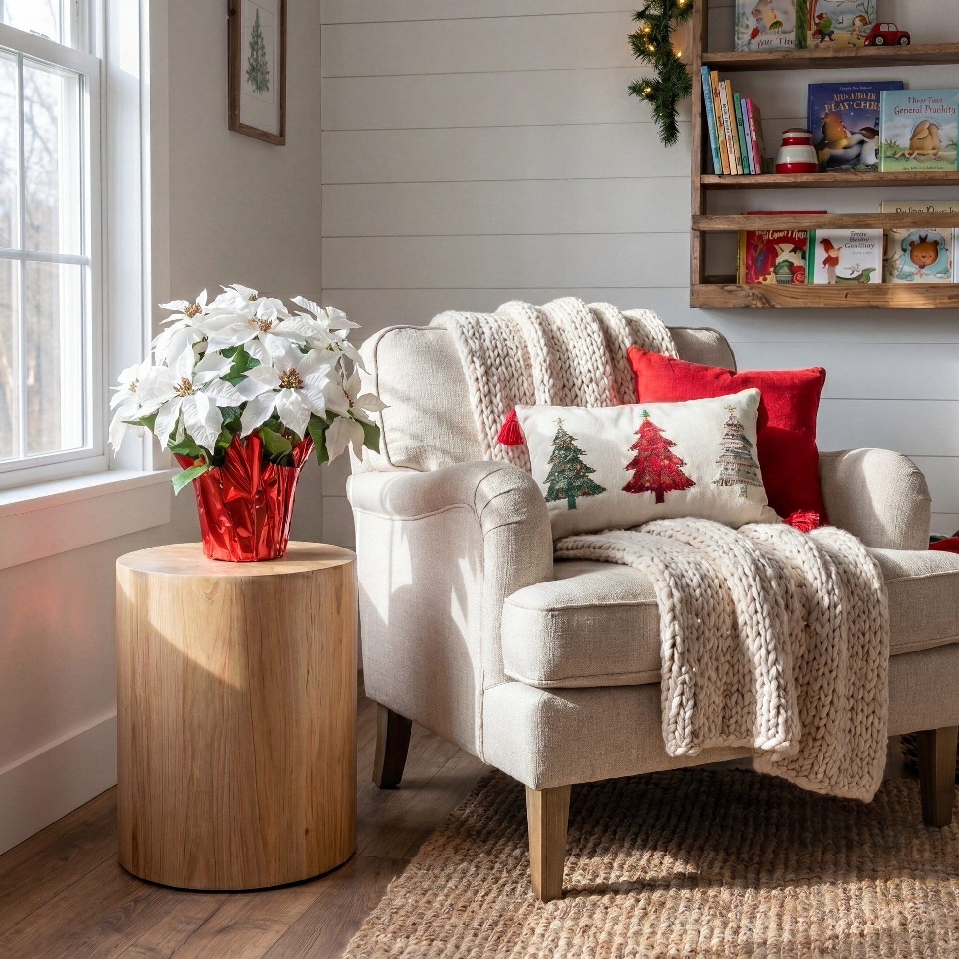 19-inch white poinsettia arrangement in red-wrapped planter, Nearly Natural flowering plant on Tampa Home & Garden Store