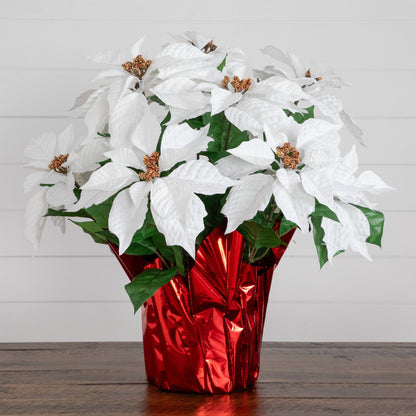 19” artificial lush white poinsettia arrangement in red wrapped planter by Nearly Natural on Tampa Home & Garden Store