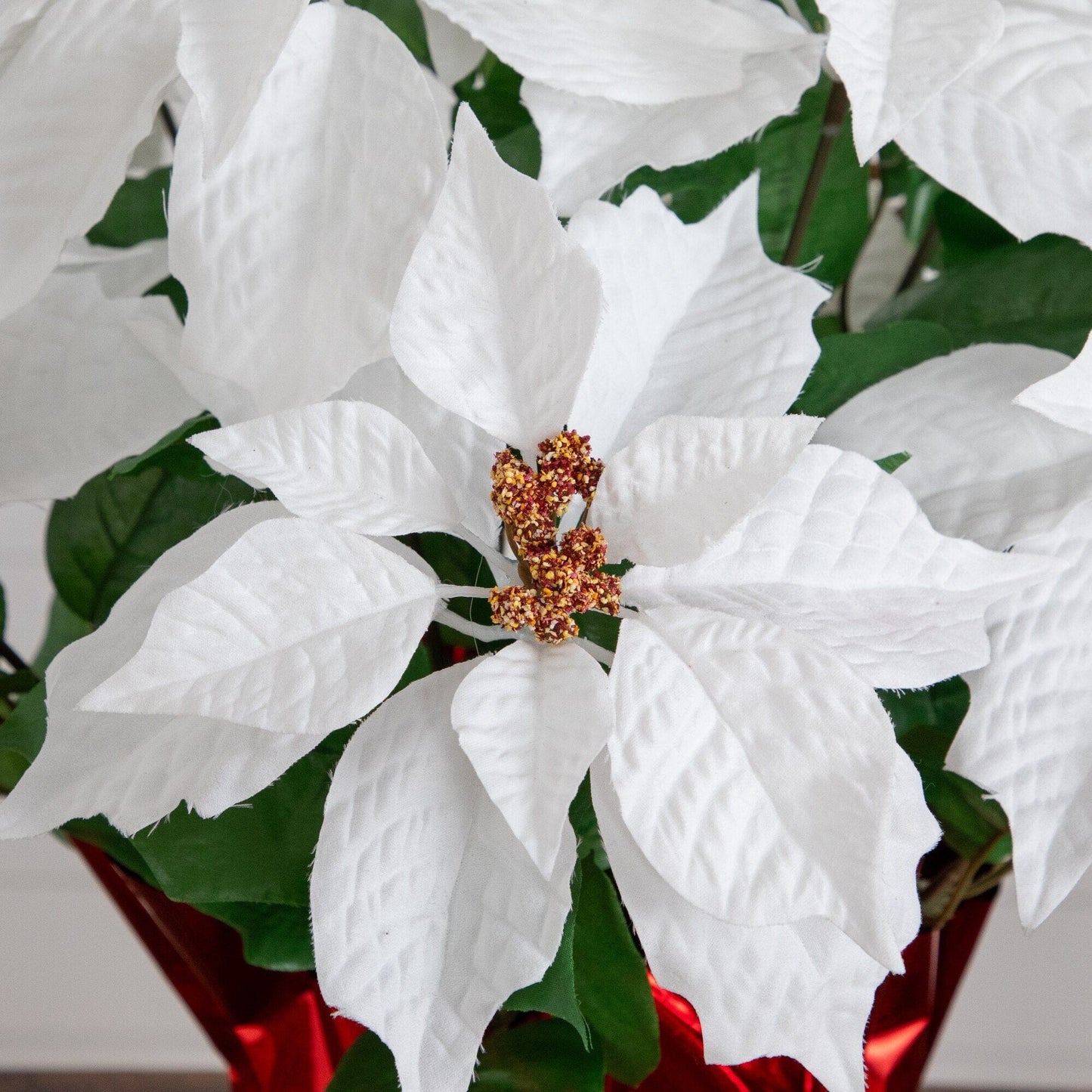 Artificial white poinsettia arrangement in red wrapped planter by Nearly Natural with greens on Tampa Home & Garden Store