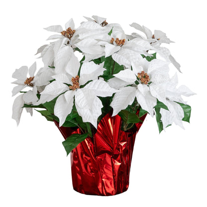 Artificial White Poinsettia Arrangement in Red Wrapped Planter by Nearly Natural on Tampa Home & Garden Store