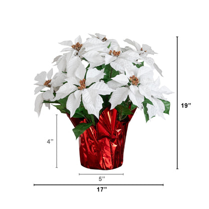 19” artificial white poinsettia arrangement in a red foil-wrapped planter Nearly Natural on Tampa Home & Garden Store