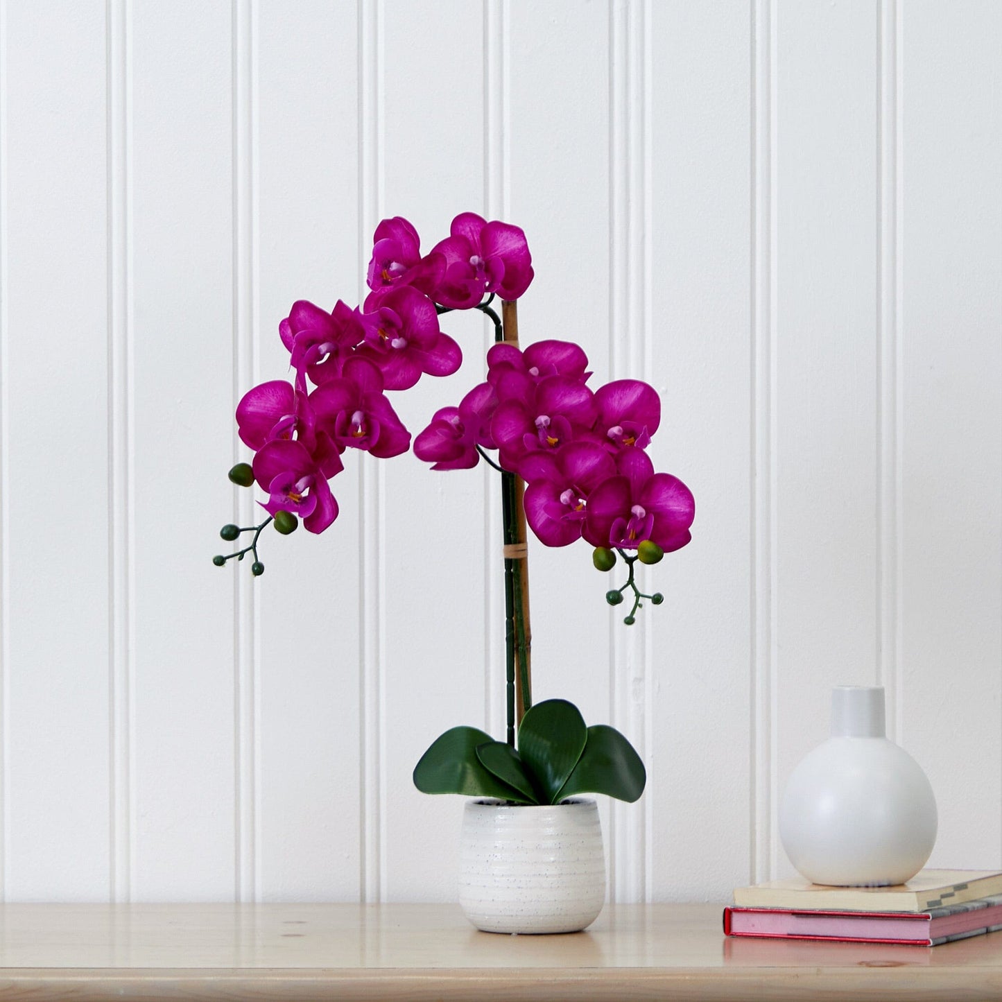 Orquídea morada artificial de 48 cm con jarrón decorativo