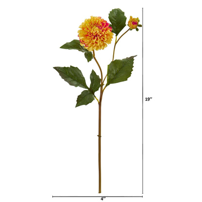 19in Dahlia artificial flower stem Nearly Natural yellow-orange bloom with leaves 6-pack on Tampa Home & Garden Store