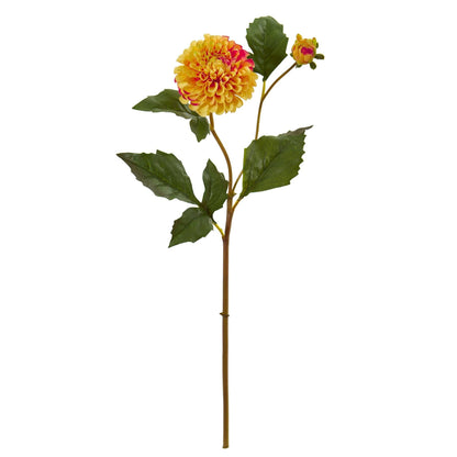 19in Dahlia artificial flower stem with yellow-orange bloom and green leaves by Nearly Natural on Tampa Home & Garden Store