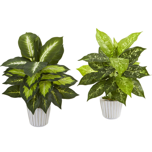 19” Dieffenbachia Artificial Plant in White Vase (Set of 2) - Tampa Home & Garden Store