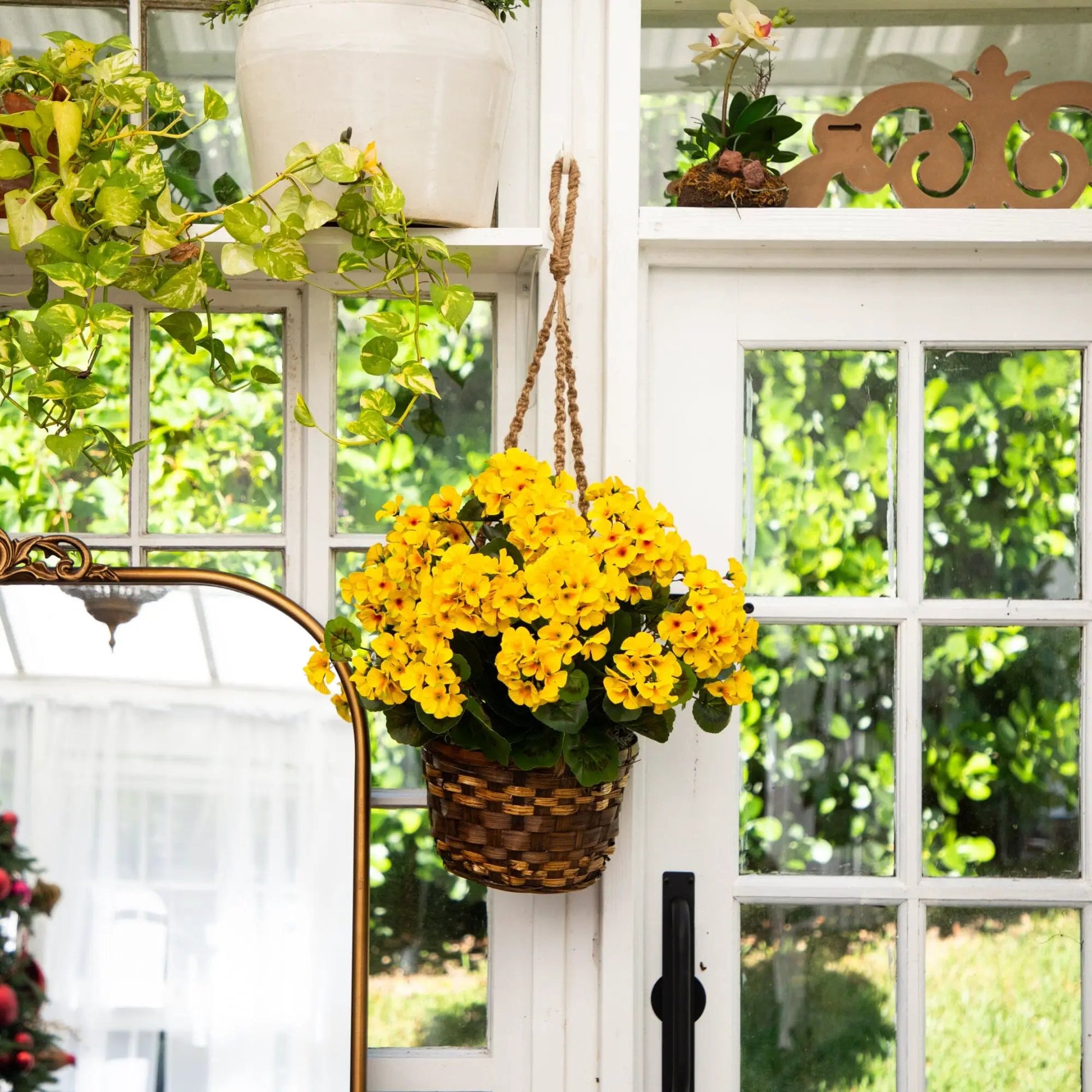 19-Inch artificial geranium hanging basket by Nearly Natural with yellow blooms and green leaves on Tampa Home & Garden Store