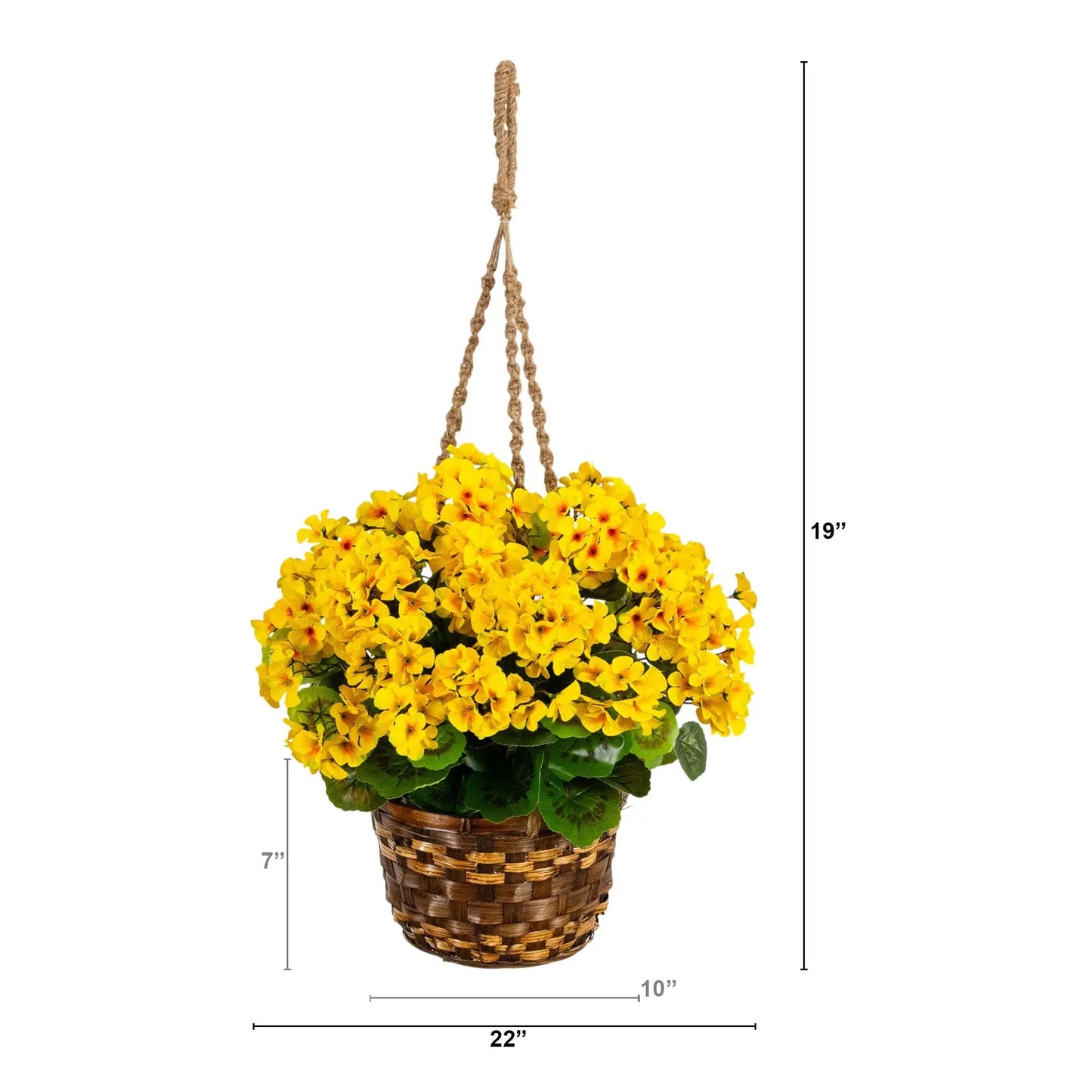 19-Inch Artificial Geranium Hanging Basket with yellow blooms in a woven wicker basket on Tampa Home & Garden Store