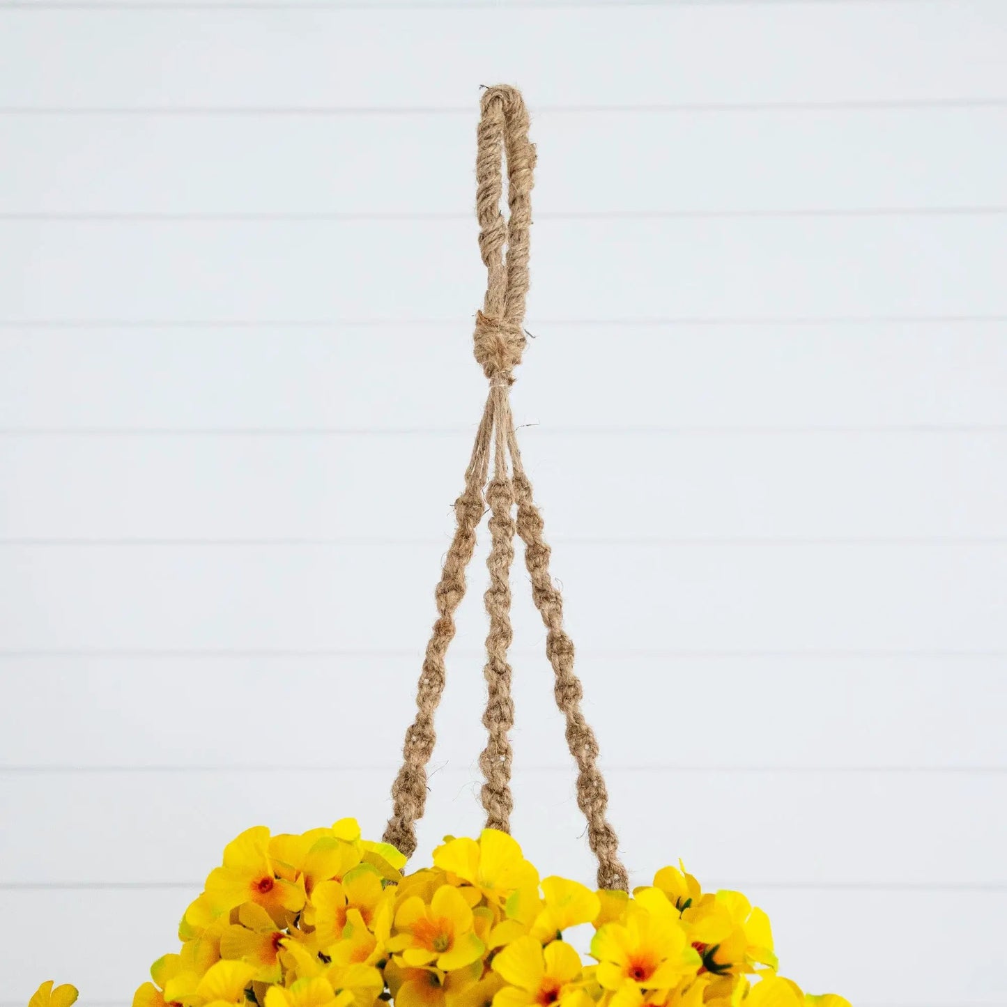 19-Inch artificial geranium hanging basket with yellow blooms and jute rope hanger Nearly Natural on Tampa Home & Garden Store
