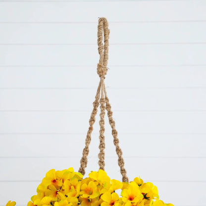 19-Inch artificial geranium hanging basket with yellow blooms and jute rope hanger Nearly Natural on Tampa Home & Garden Store