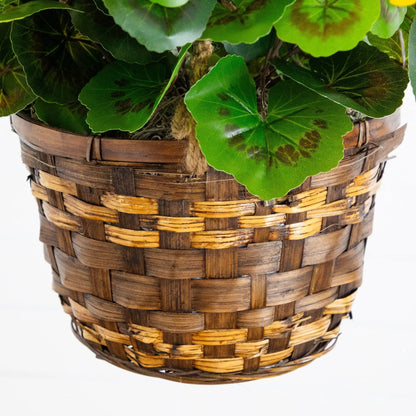 19-Inch artificial geranium hanging basket with green leaves in a woven wooden basket on Tampa Home & Garden Store