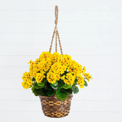 19-Inch Artificial Geranium Hanging Basket with yellow blooms in a woven basket Nearly Natural on Tampa Home & Garden Store