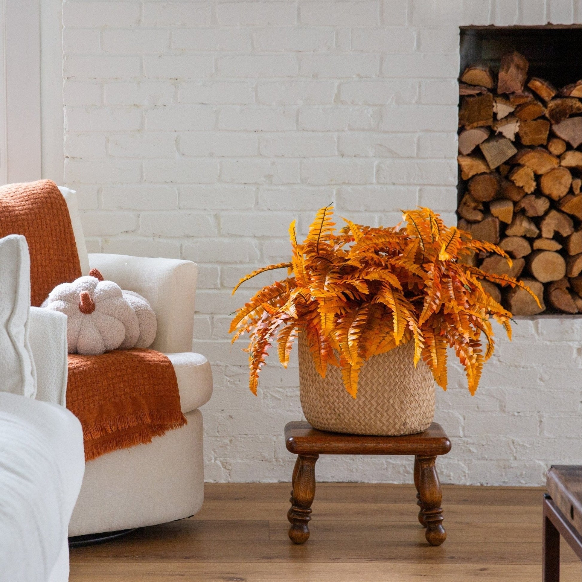19in Autumn Artificial Boston Fern with orange fronds in a woven basket by Nearly Natural on Tampa Home & Garden Store