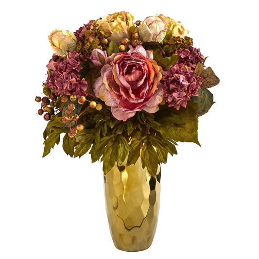 19-inch peony artificial arrangement in hammered gold vase by Nearly Natural on Tampa Home & Garden Store