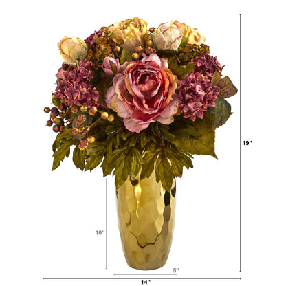 19” Peony artificial arrangement in gold vase with pink yellow blooms by Nearly Natural on Tampa Home & Garden Store