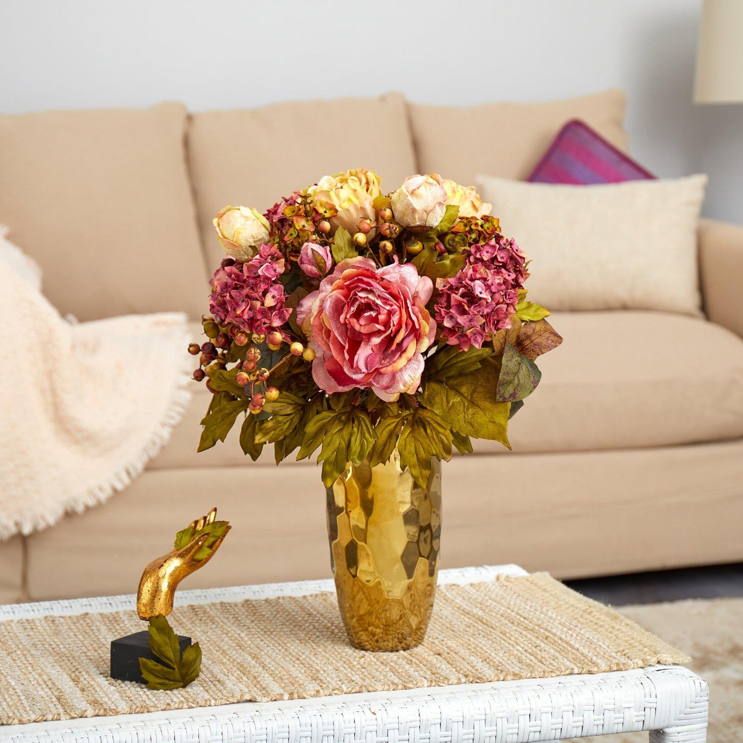 19-inch Peony artificial arrangement in a gold vase with pink blooms and greenery Nearly Natural on Tampa Home & Garden Store