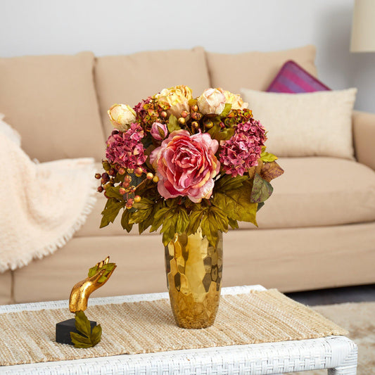 19-inch Peony artificial arrangement in a gold vase with pink blooms and greenery Nearly Natural on Tampa Home & Garden Store