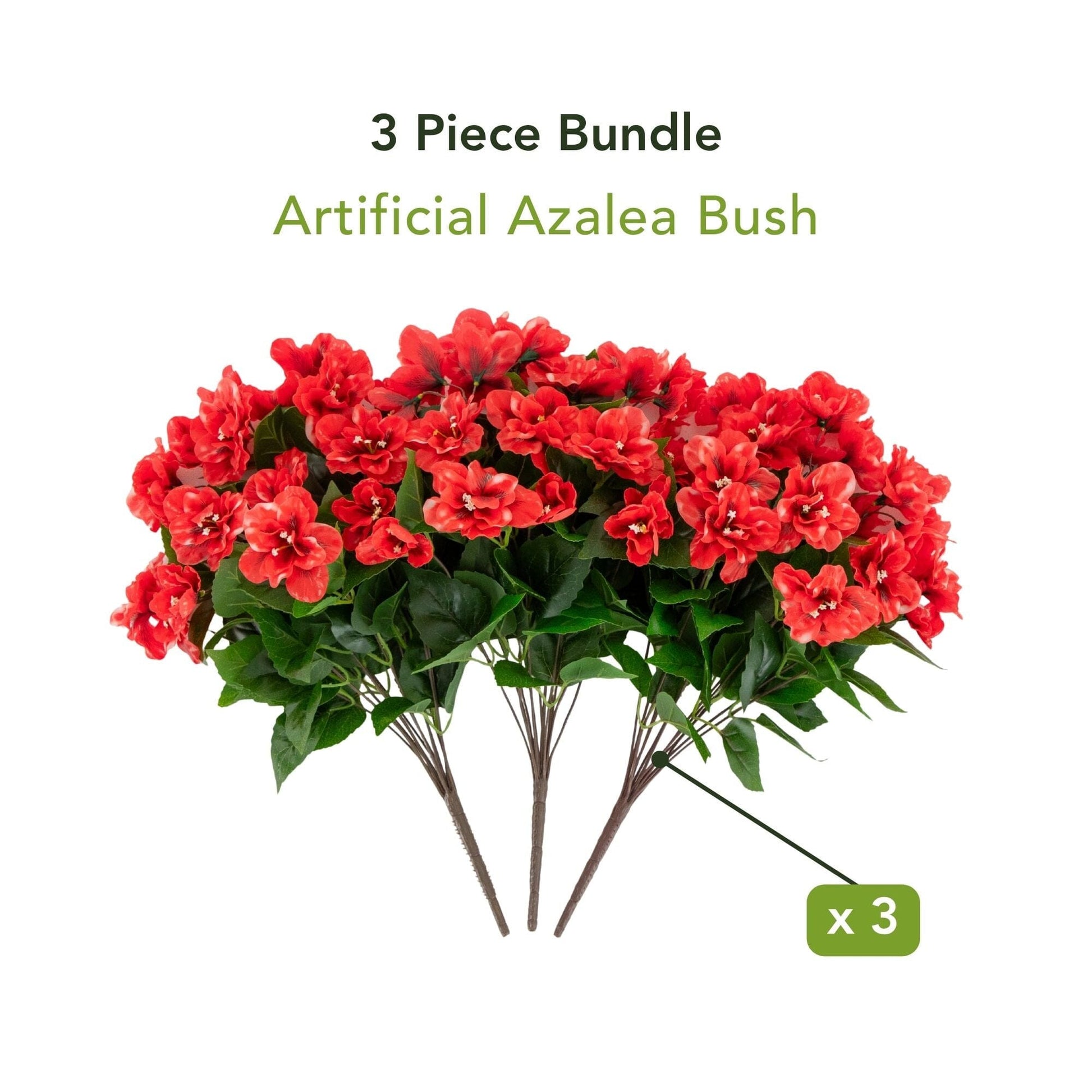 Artificial azalea bush, 3pc, 19in, UV-resistant, red blooms with green leaves by Nearly Natural on Tampa Home & Garden Store