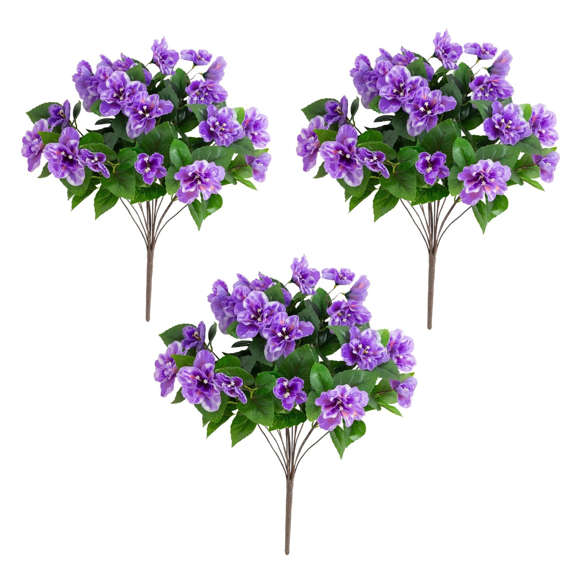 Artificial azalea bush set of 3 by Nearly Natural, 19in UV-resistant, purple blooms on Tampa Home & Garden Store
