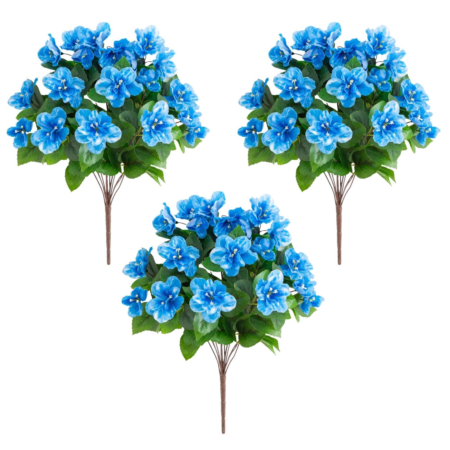 Artificial azalea bush set of 3, 19in tall, UV-resistant, blue blooms, Nearly Natural on Tampa Home & Garden Store