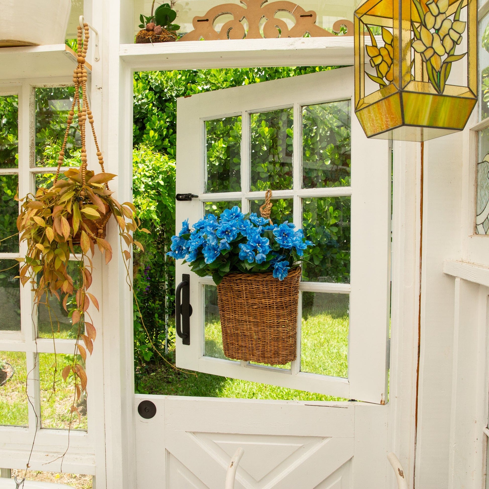 Nearly Natural 19in UV resistant artificial azalea bush set of 3 in a wicker basket on a door on Tampa Home & Garden Store