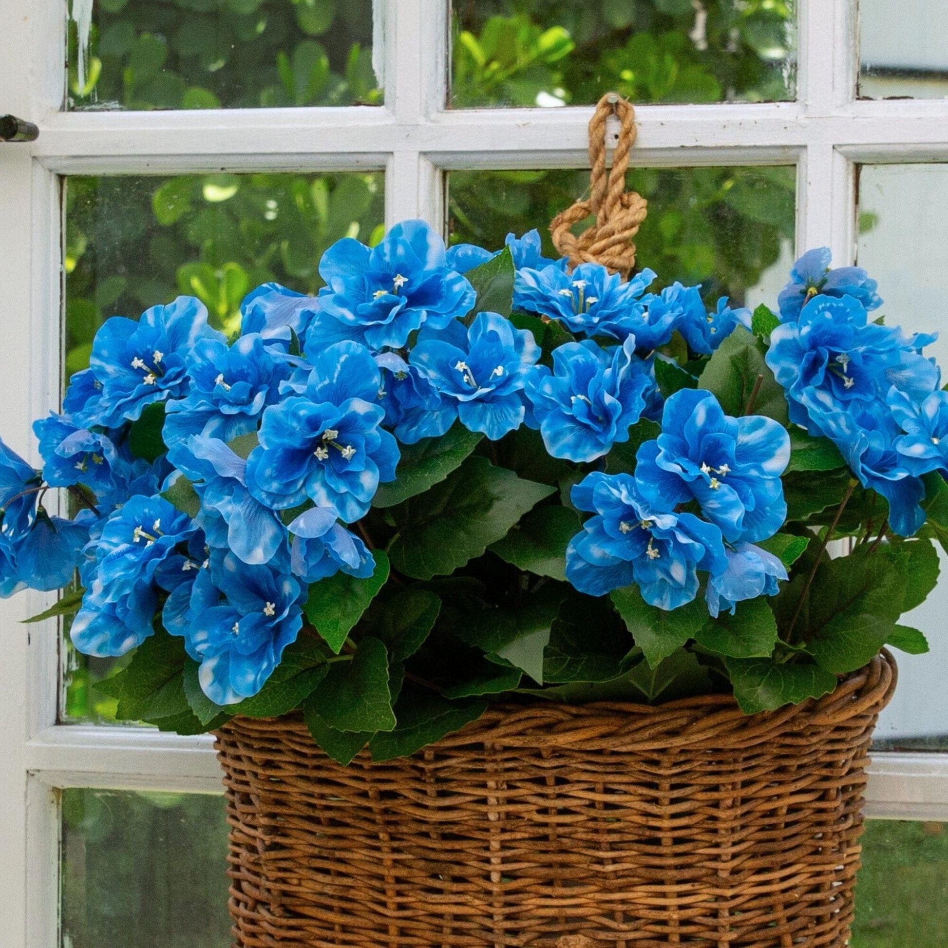 Artificial azalea bush set of 3 with UV-resistant blue blooms in a woven basket on Tampa Home & Garden Store