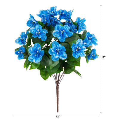 Azalea bush set of 3 19in UV resistant artificial blue blooms with green leaves on Tampa Home & Garden Store