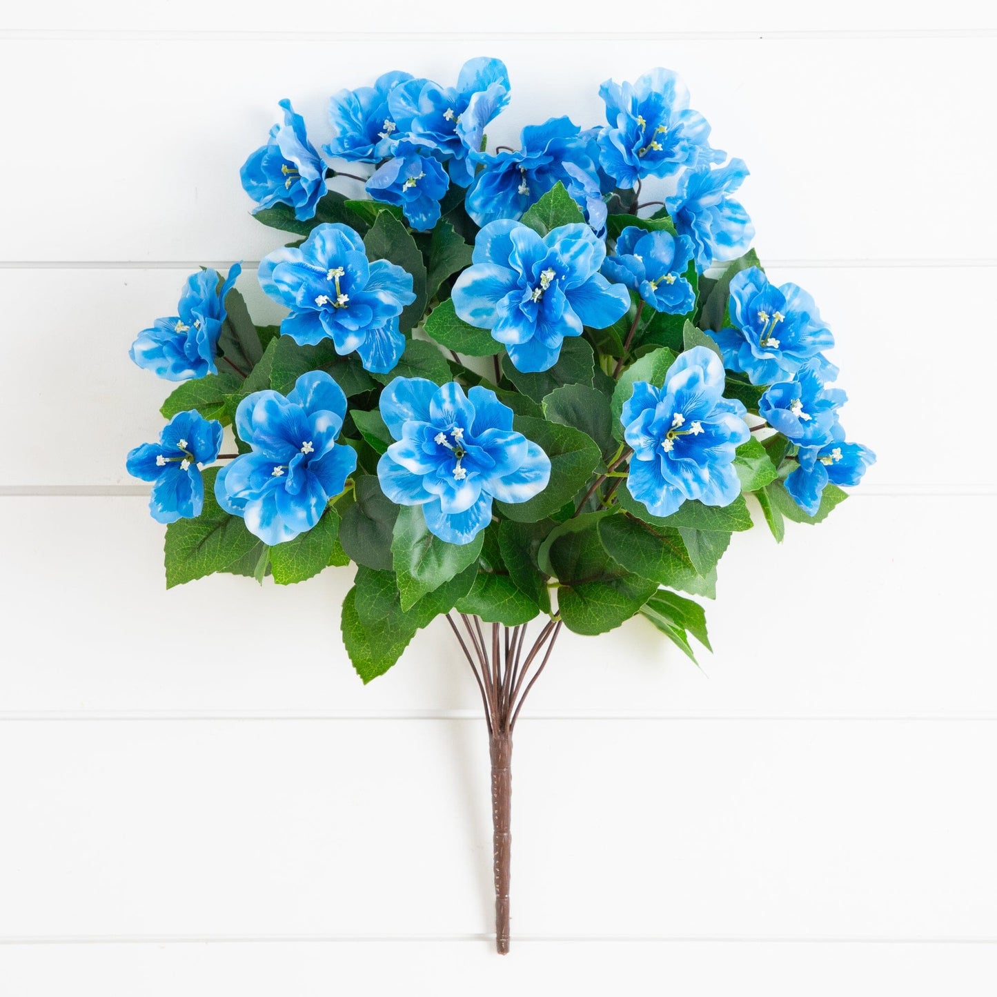 Artificial azalea bush set of 3 with UV resistant blue blooms and green leaves on Tampa Home & Garden Store