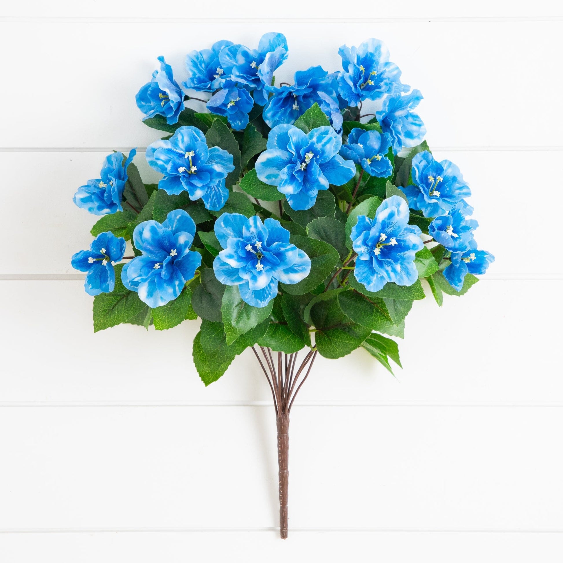 Artificial azalea bush set of 3 with UV resistant blue blooms and green leaves on Tampa Home & Garden Store