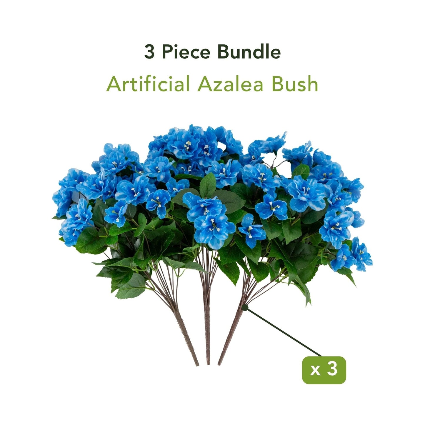 Artificial azalea bush set of 3, 19in, UV-resistant blue blooms with leaves Nearly Natural on Tampa Home & Garden Store