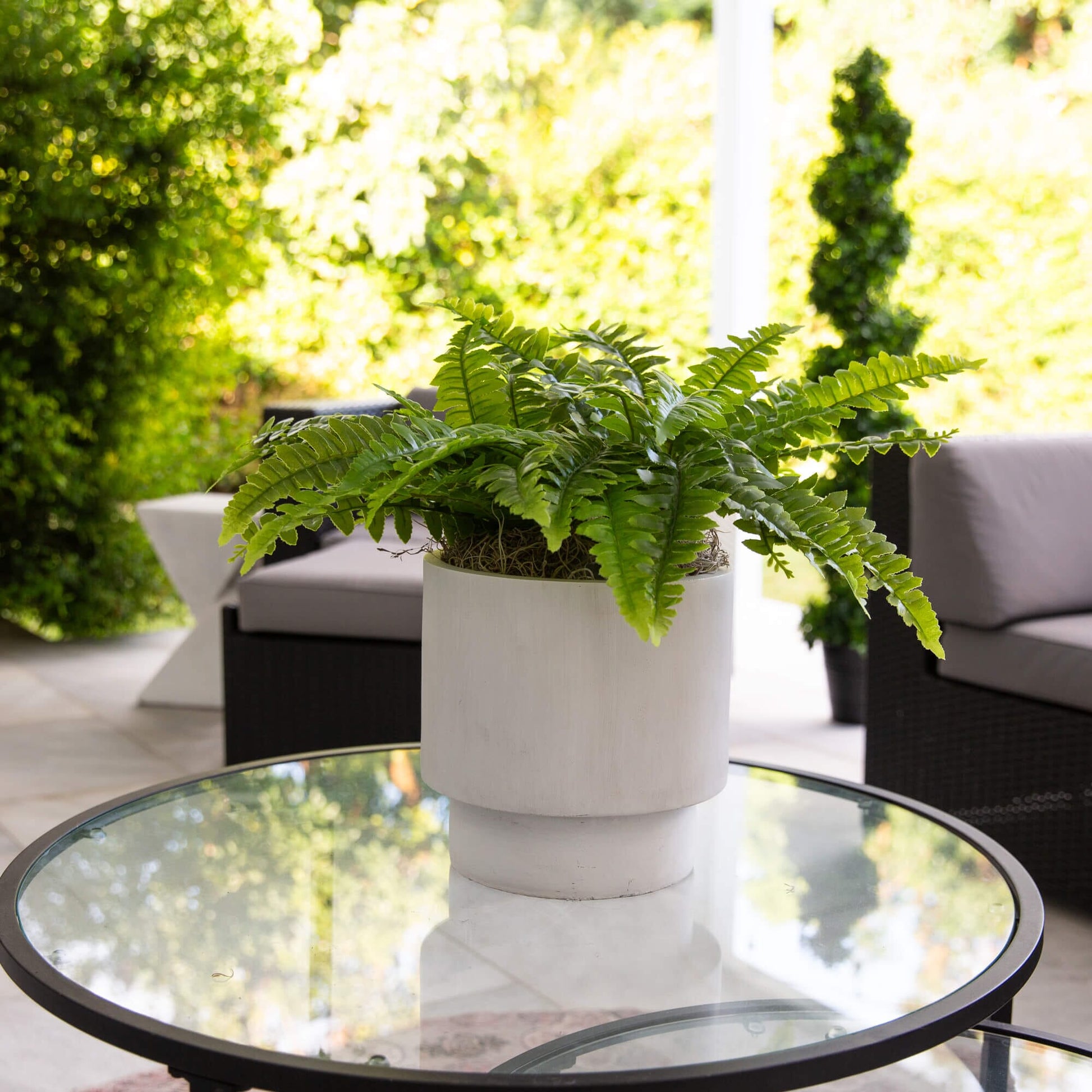 Nearly Natural 19in UV resistant artificial Boston fern set of 2 in white pots on a table on Tampa Home & Garden Store