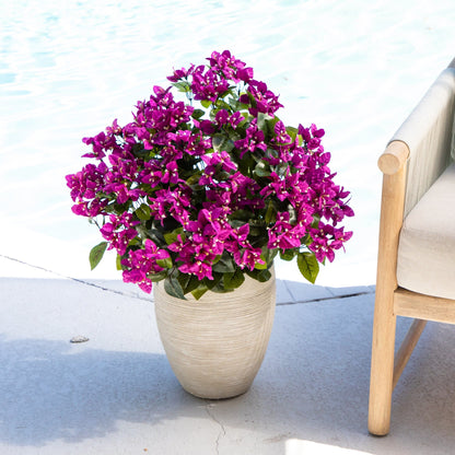 Artificial Bougainvillea Bush 19in, UV resistant, set of 4 in beige woven pot on Tampa Home & Garden Store