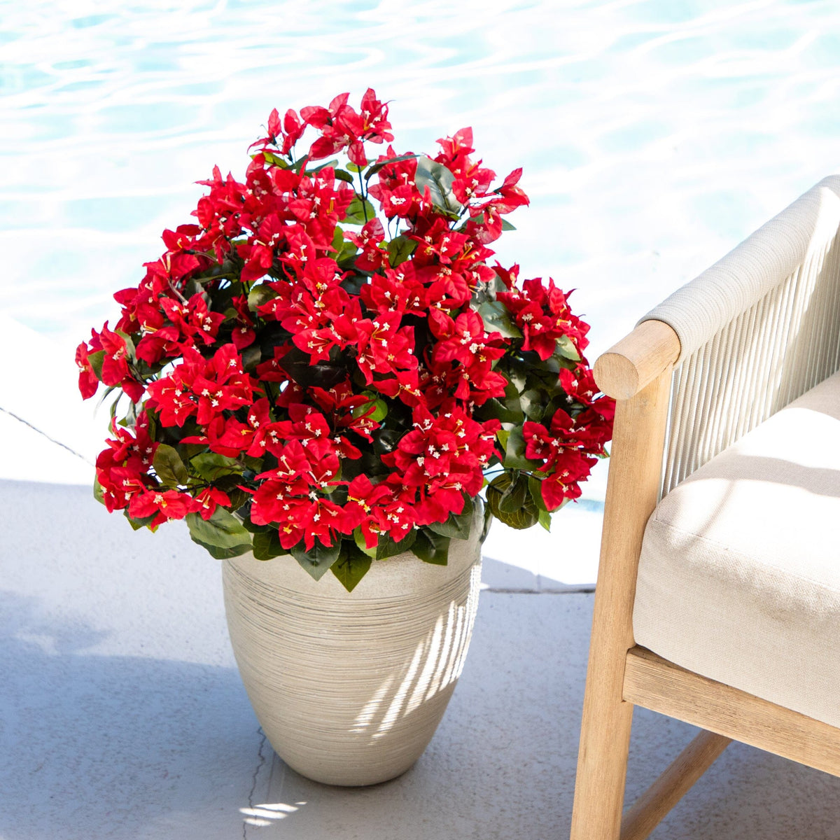 Nearly Natural 19in UV-resistant bougainvillea bush set of 4 beige planter with red blooms on Tampa Home & Garden Store