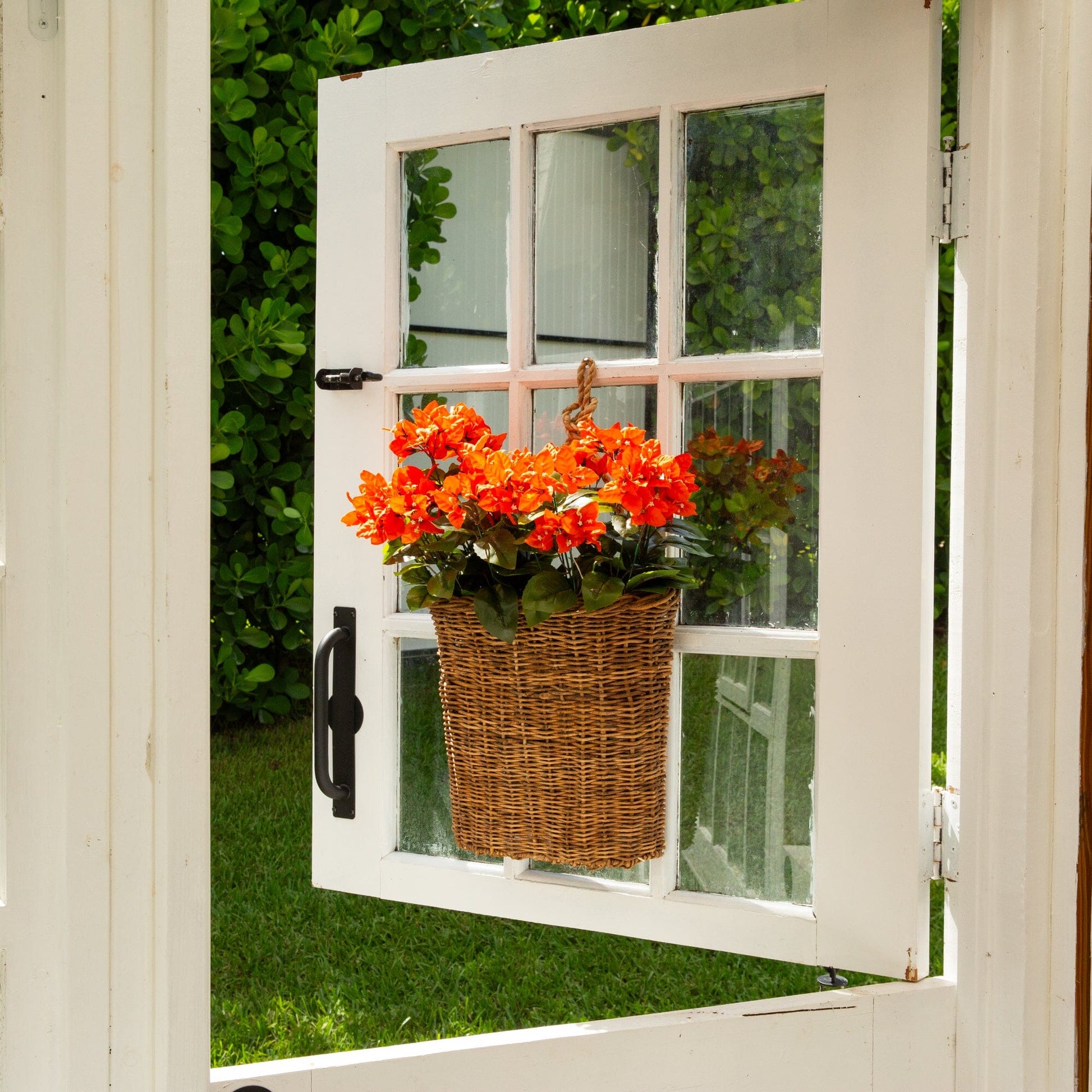 Artificial bougainvillea bush 19in UV-resistant set of 4 in hanging wicker basket Nearly Natural on Tampa Home & Garden Store