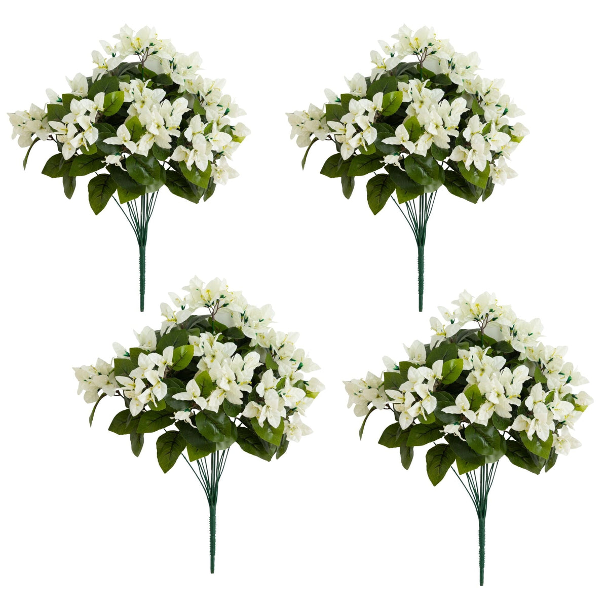 Nearly Natural 19in UV Resistant Bougainvillea Bush Set of 4 white blossoms with green leaves on Tampa Home & Garden Store