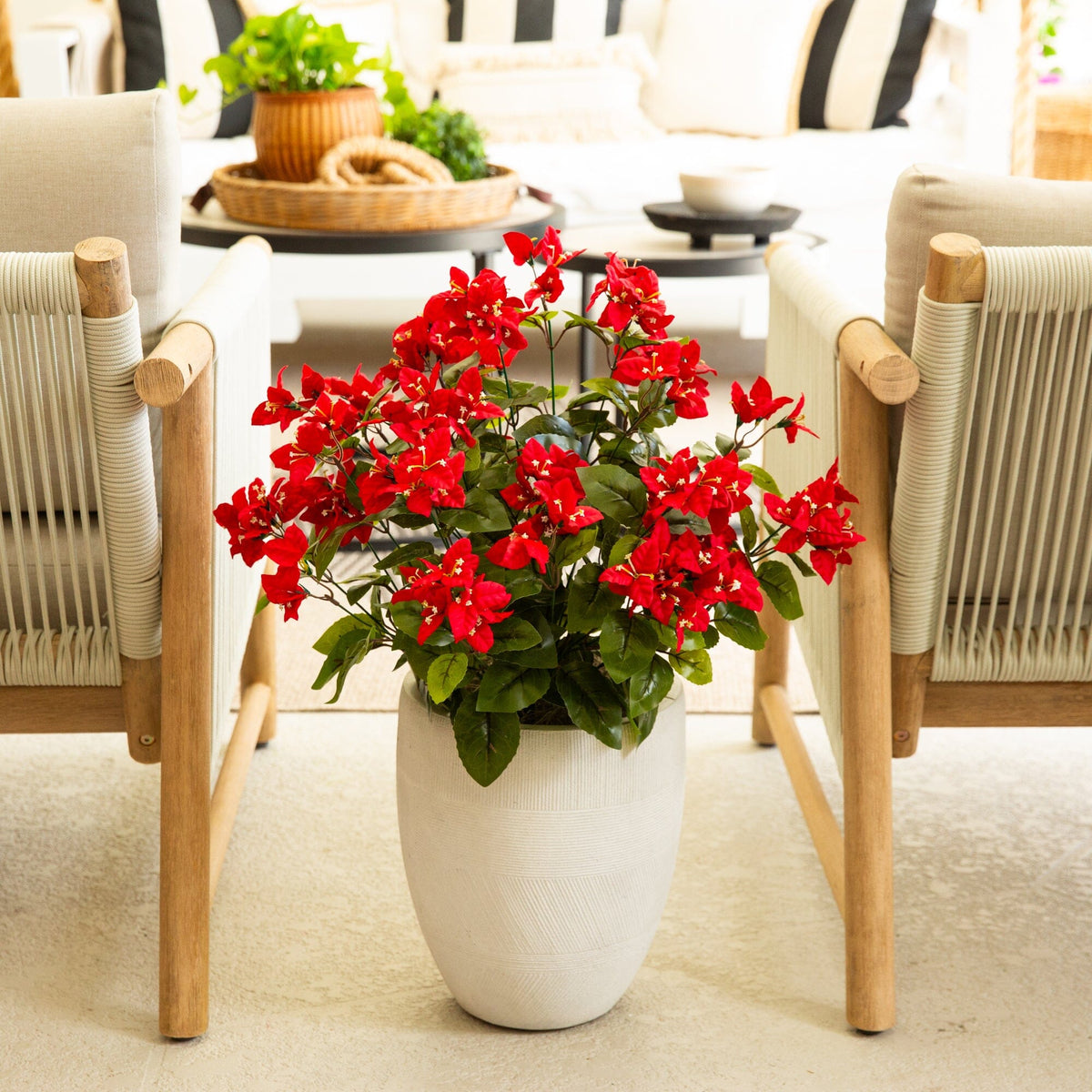 Bougainvillea bush by Nearly Natural, 19in UV‑resistant, set of 4, red blooms in a gray vase on Tampa Home & Garden Store