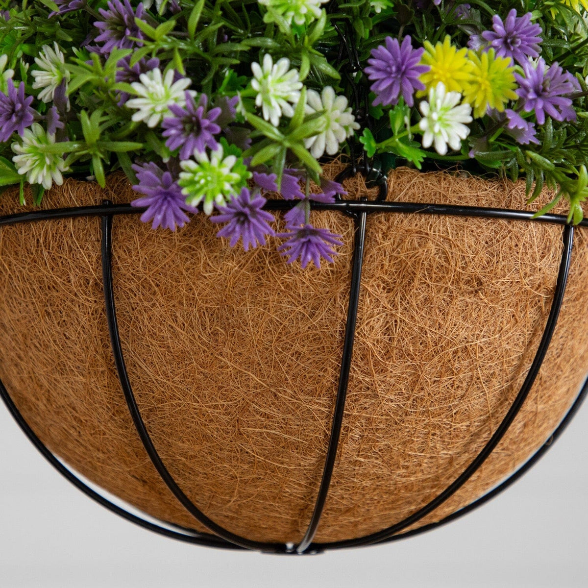Nearly Natural 19” UV Hanging Basket with purple white yellow dandelions and rosemary on Tampa Home & Garden Store