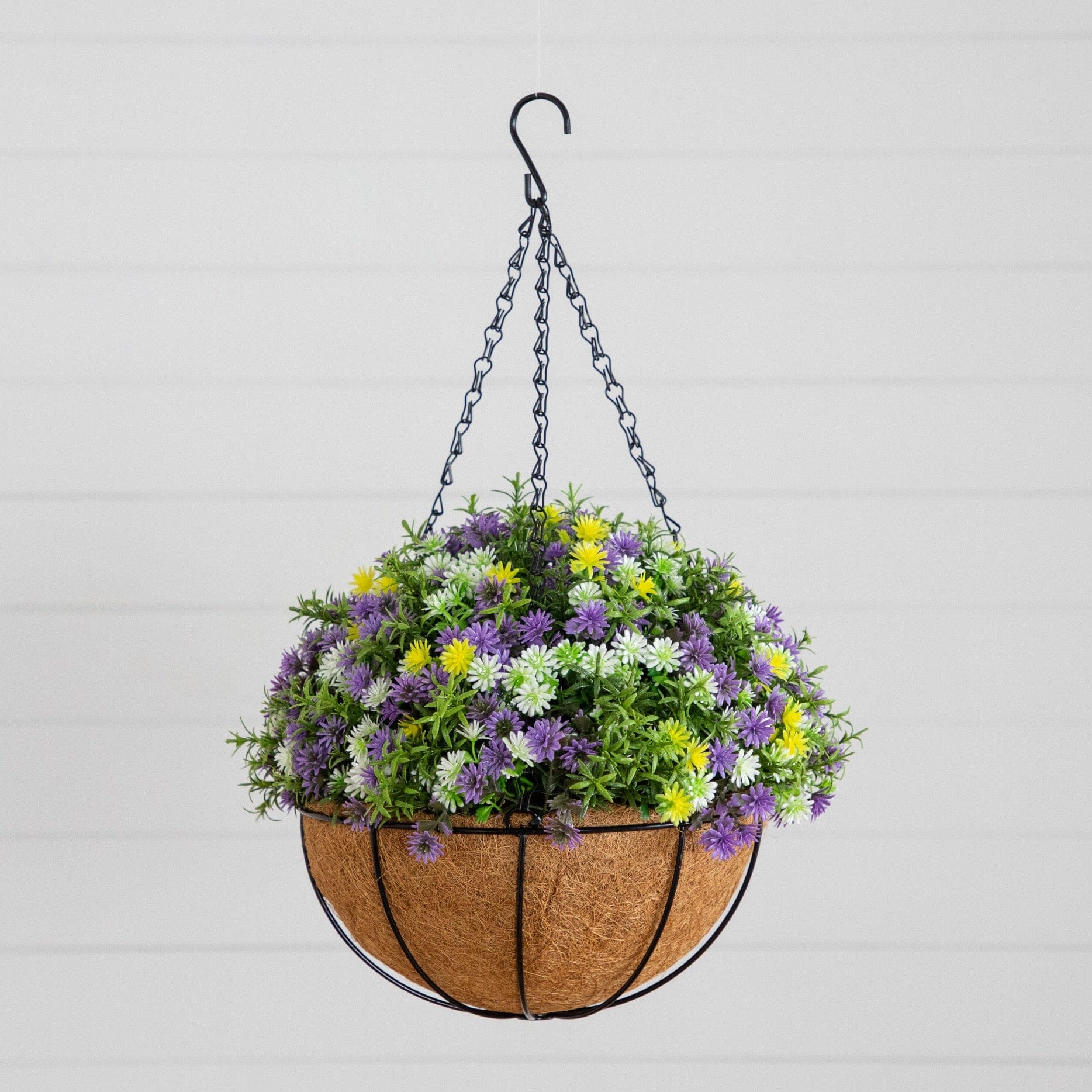 Nearly Natural 19in UV resistant hanging basket with dandelion and rosemary flowers on Tampa Home & Garden Store