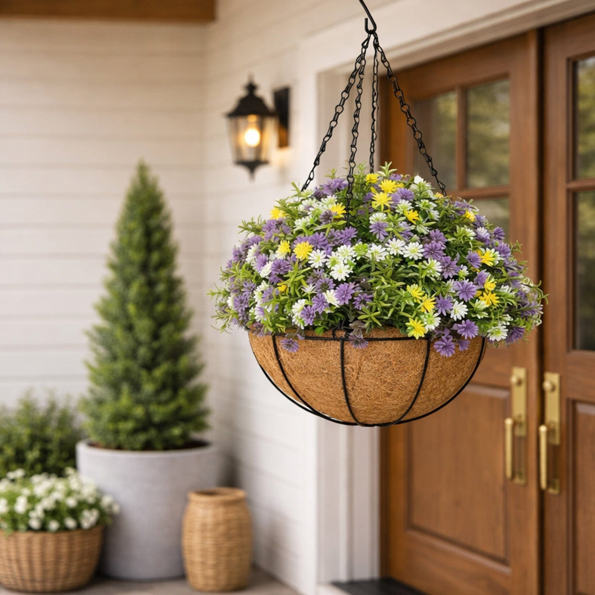 19” UV Resistant Dandelion and Rosemary Hanging Basket with purple, white and yellow blooms on Tampa Home & Garden Store