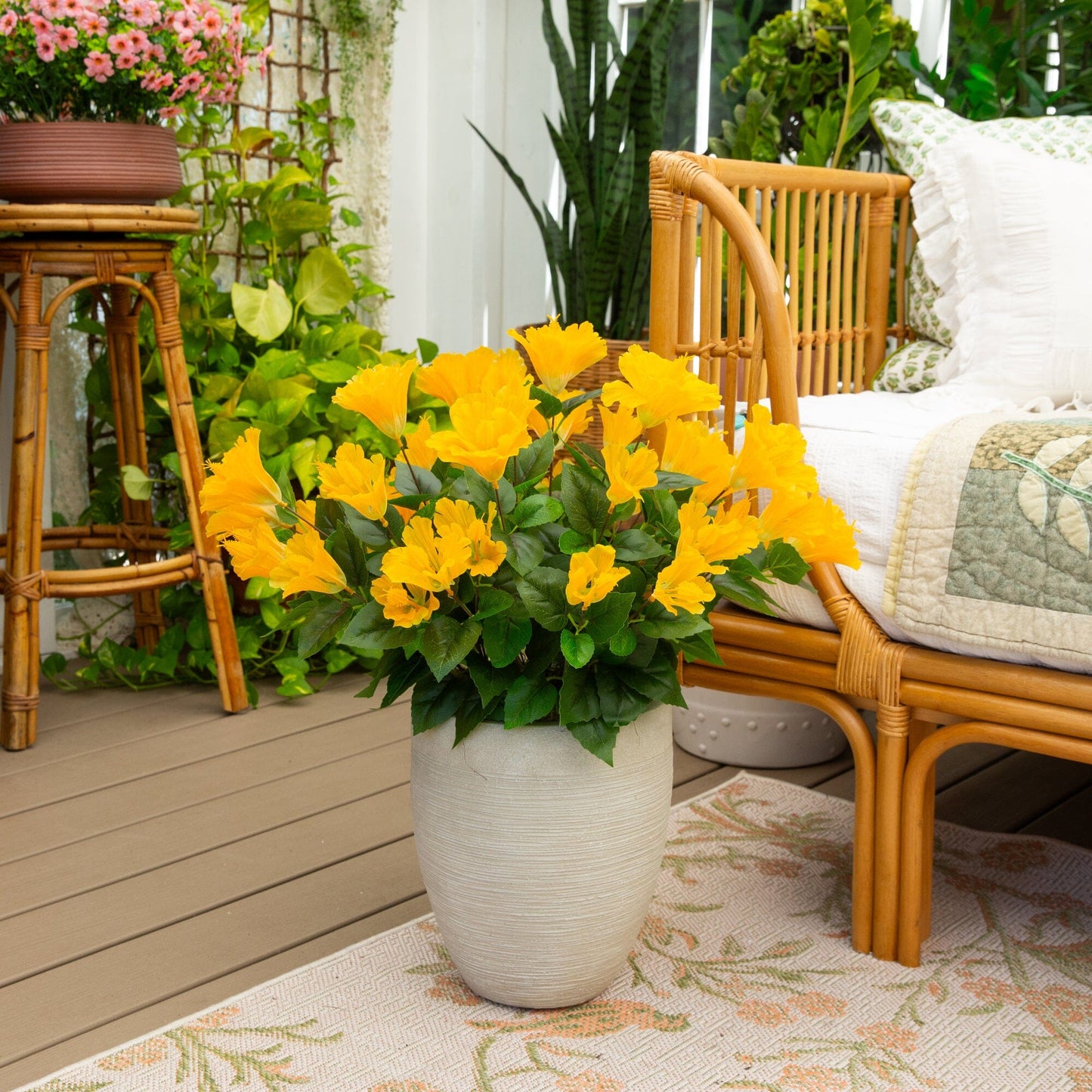 Artificial hibiscus bush 19in UV resistant set of 3 with yellow blooms Nearly Natural on Tampa Home & Garden Store