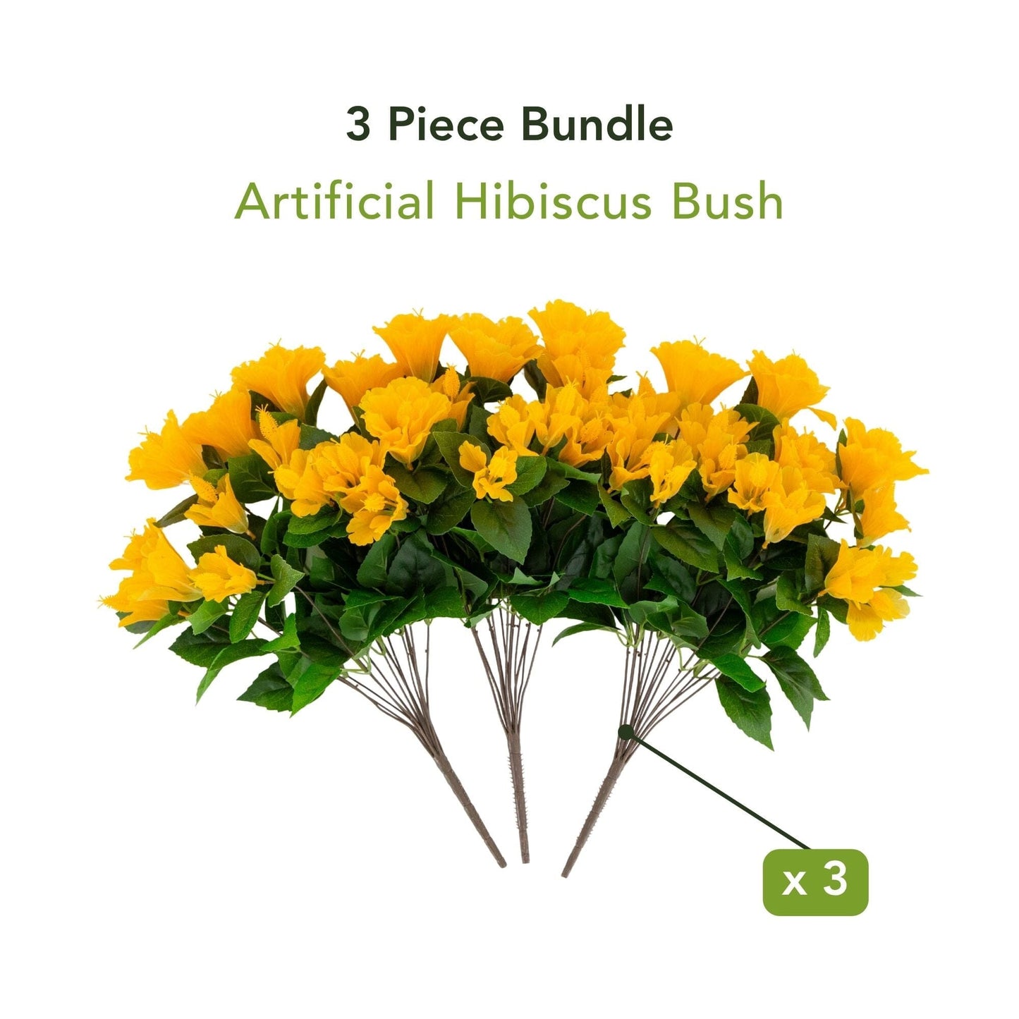 19in UV Resistant Artificial Hibiscus Bush Set of 3 with yellow blooms and green leaves on Tampa Home & Garden Store