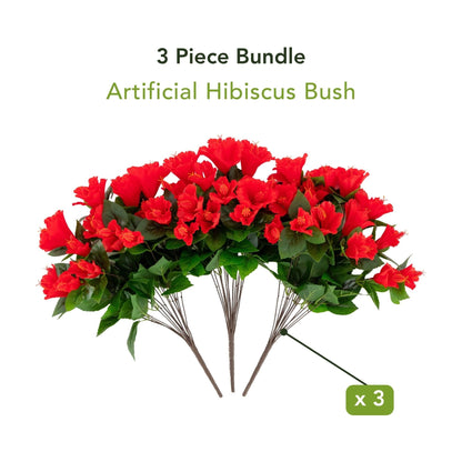 Artificial hibiscus bush set, 3-piece UV resistant red blooms with green leaves on Tampa Home & Garden Store