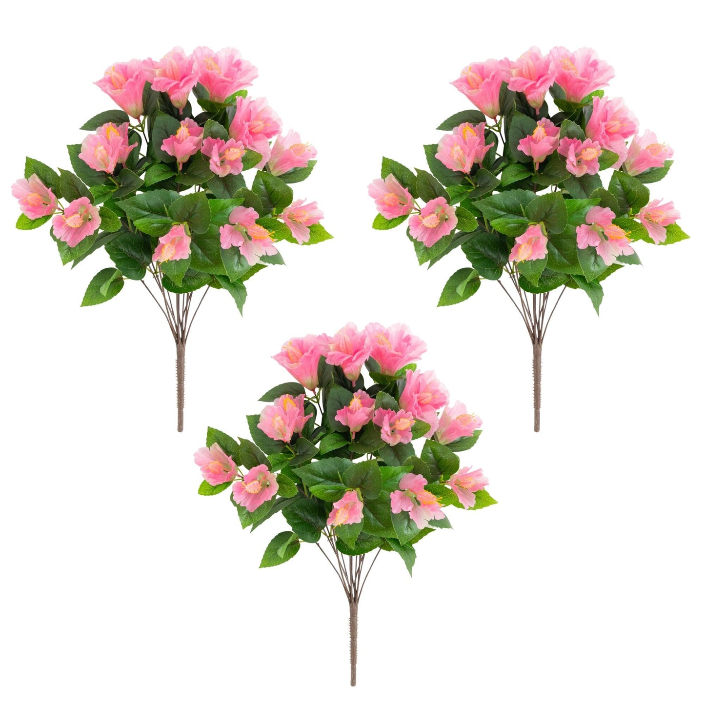 Nearly Natural 19in UV‑Resistant Artificial Hibiscus Bush Set of 3 with pink blossoms on Tampa Home & Garden Store