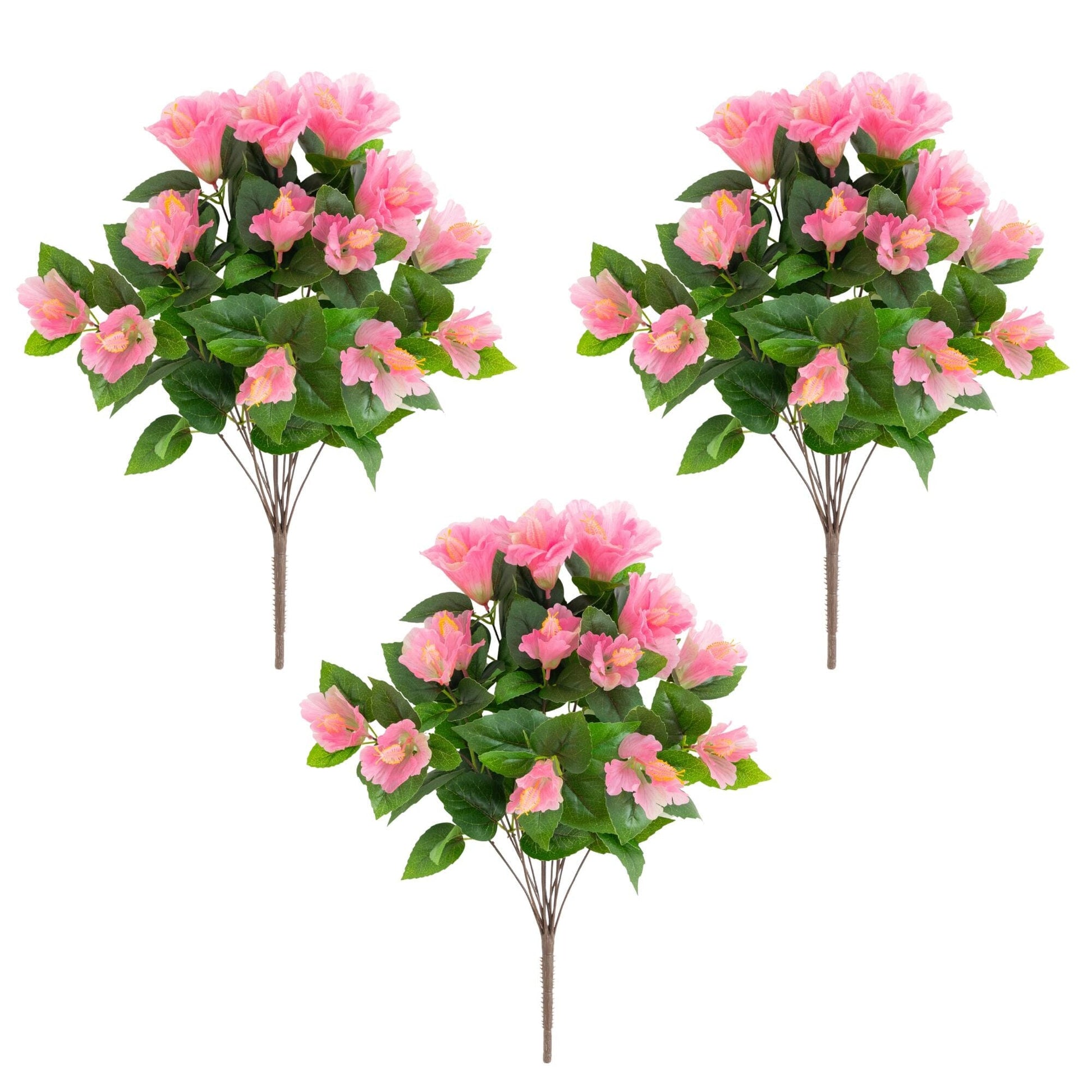 Nearly Natural 19in UV‑Resistant Artificial Hibiscus Bush Set of 3 with pink blossoms on Tampa Home & Garden Store