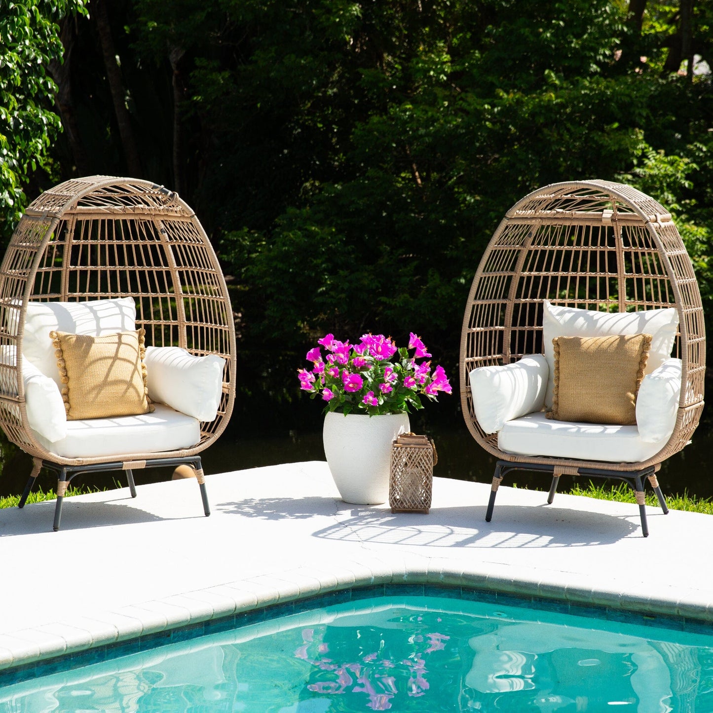 Artificial hibiscus bush set of 3 by Nearly Natural, UV-resistant, poolside with wicker chairs on Tampa Home & Garden Store