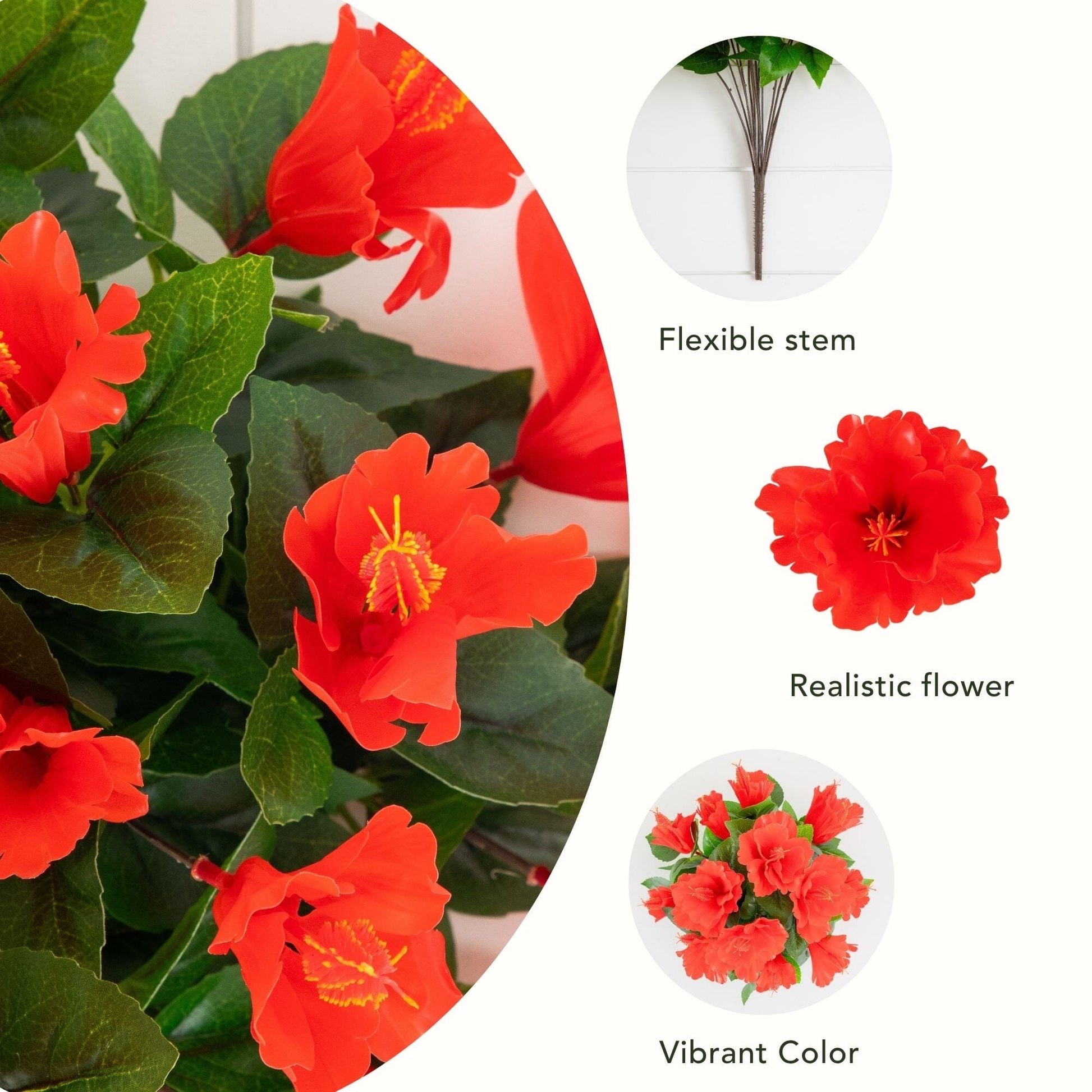 Nearly Natural 19in UV-Resistant Hibiscus Bushes Set of 3 with red blooms and green leaves on Tampa Home & Garden Store
