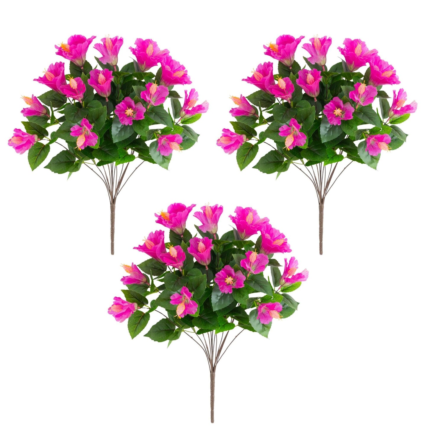 19in UV Resistant Artificial Hibiscus Bushes Set of 3 pink blooms, green leaves Nearly Natural on Tampa Home & Garden Store