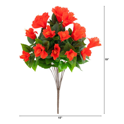 Hibiscus bush 19in UV resistant artificial plant, red blooms, set of 3 by Nearly Natural on Tampa Home & Garden Store