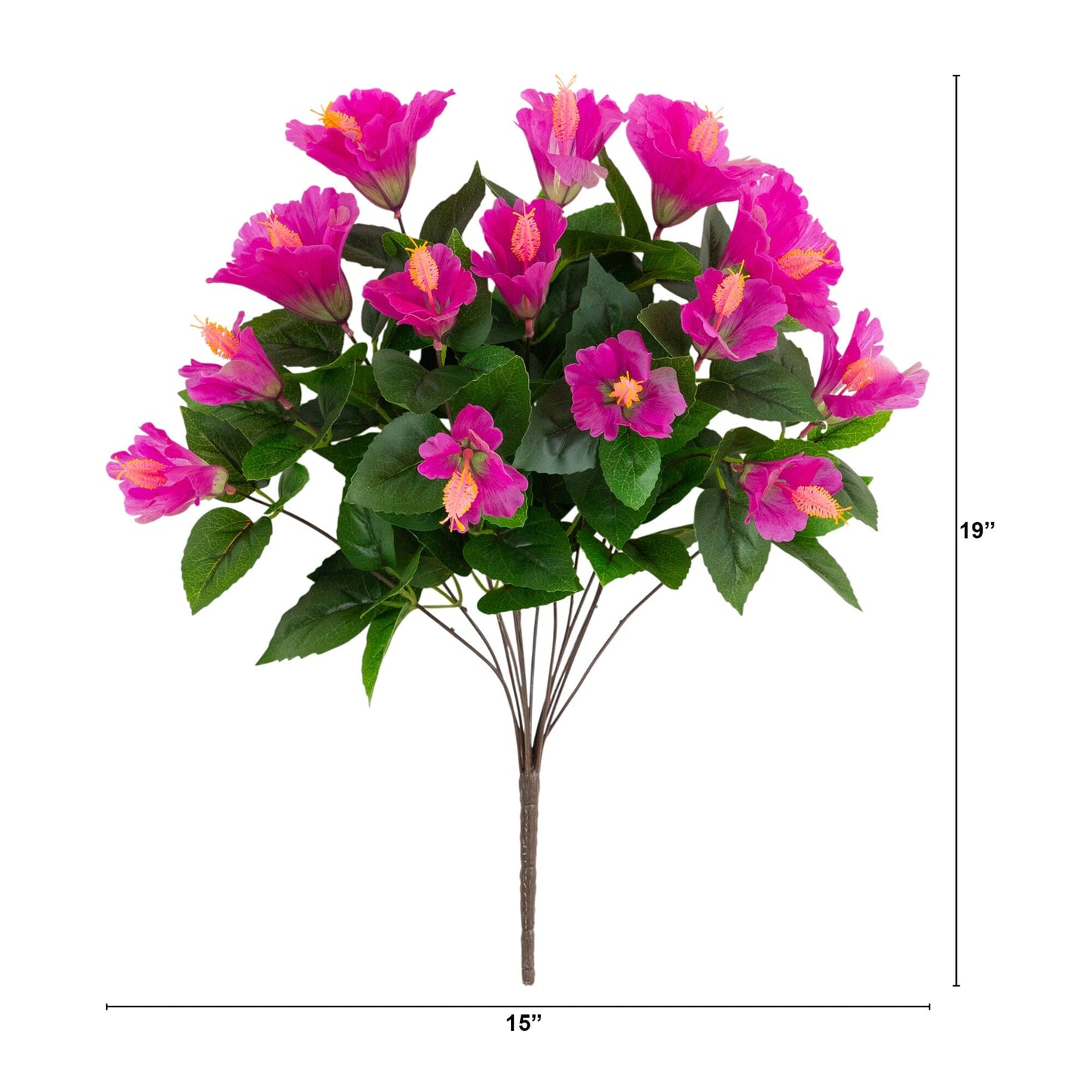 Hibiscus bush 19in UV resistant set of 3 by Nearly Natural with pink blooms and green leaves on Tampa Home & Garden Store