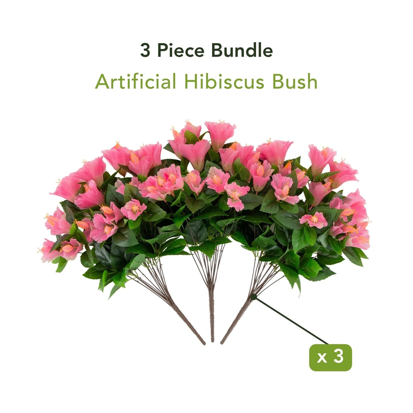 Artificial hibiscus bush set of 3 with pink blooms and lush green leaves on Tampa Home & Garden Store